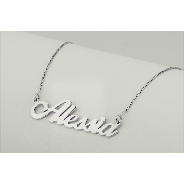 Collana in argento 925 con nome traforato, 45 cm, chiusura a moschettone, finitura dorata, rodiata o rosata