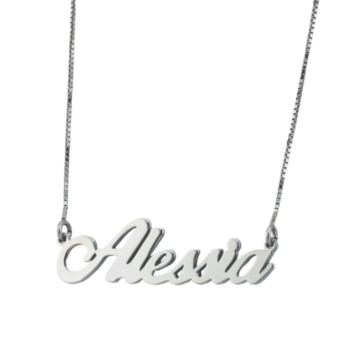 Collana in argento 925 con nome traforato, 45 cm, chiusura a moschettone, finitura dorata, rodiata o rosata