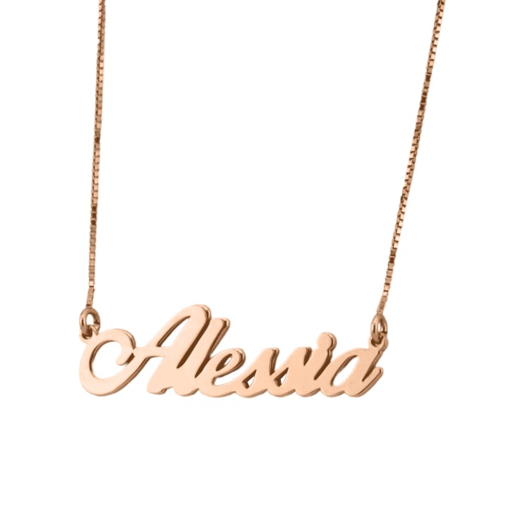Collana in argento 925 con nome traforato, 45 cm, chiusura a moschettone, finitura dorata, rodiata o rosata