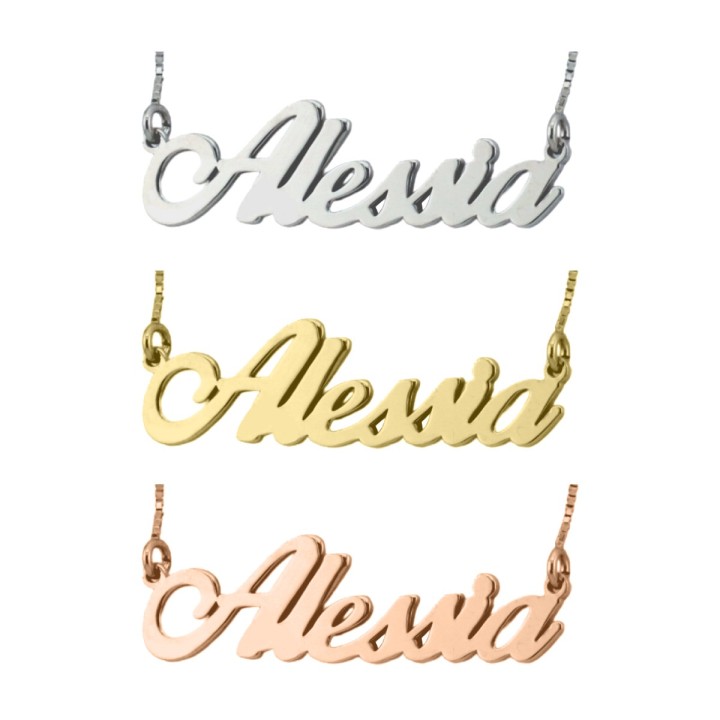Collana in argento 925 con nome traforato, 45 cm, chiusura a moschettone, finitura dorata, rodiata o rosata
