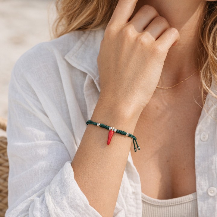 Bracciale corda con cornetto portafortuna in argento | RomanoGioielli