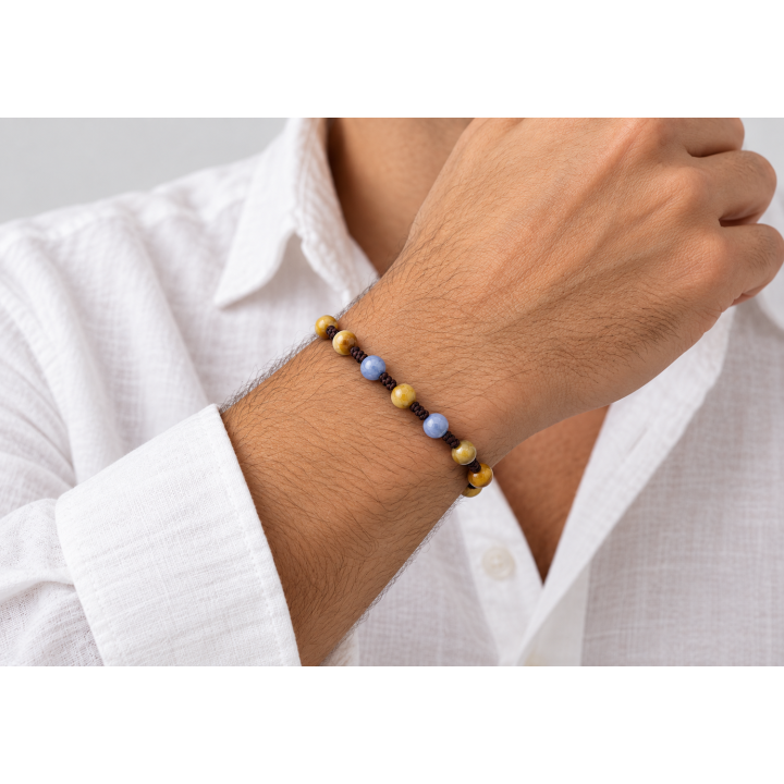 Bracciale uomo artigianale con Occhio di Tigre e Acquamarina