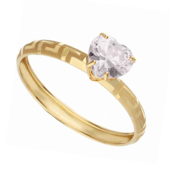Anello in Oro Bianco o Giallo con Zirconia a Cuore e Decorazione Greca | Acquista Online