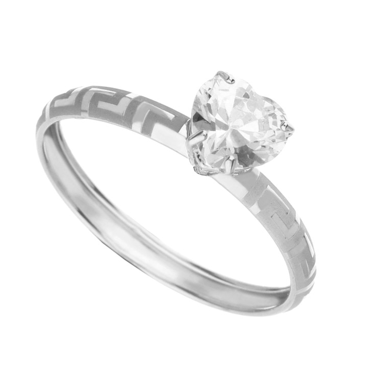 Anello in Oro Bianco o Giallo con Zirconia a Cuore e Decorazione Greca | Acquista Online