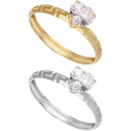Anello in Oro Bianco o Giallo con Zirconia a Cuore e Decorazione Greca | Acquista Online