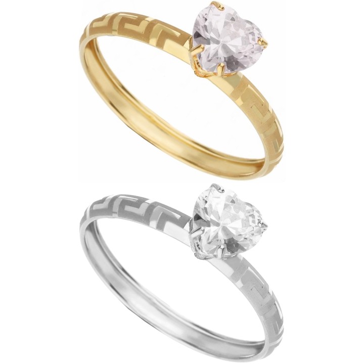 Anello in Oro Bianco o Giallo con Zirconia a Cuore e Decorazione Greca | Acquista Online